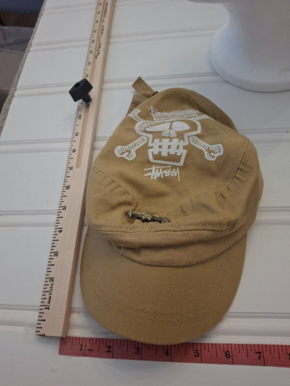 Stussy Military Cap Tan Skull Graphic Adjustable Cotton Y2K Skate Streetwear Hat - Picture 9 of 10